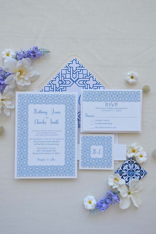 Blue and White Tile Wedding Invitations
