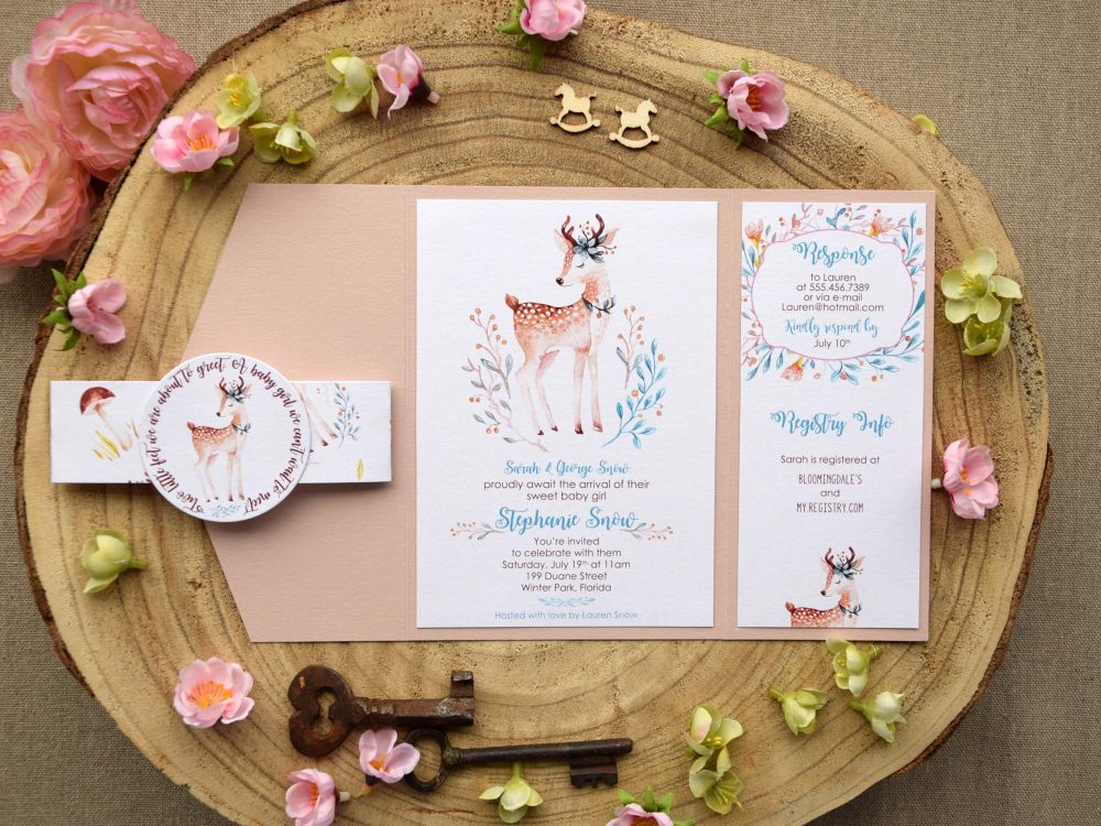 Woodland Themed Baby Shower Invitations for girls