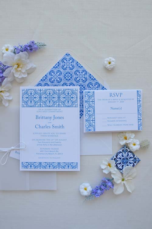 Wrapped Blue Tile Wedding Invitations