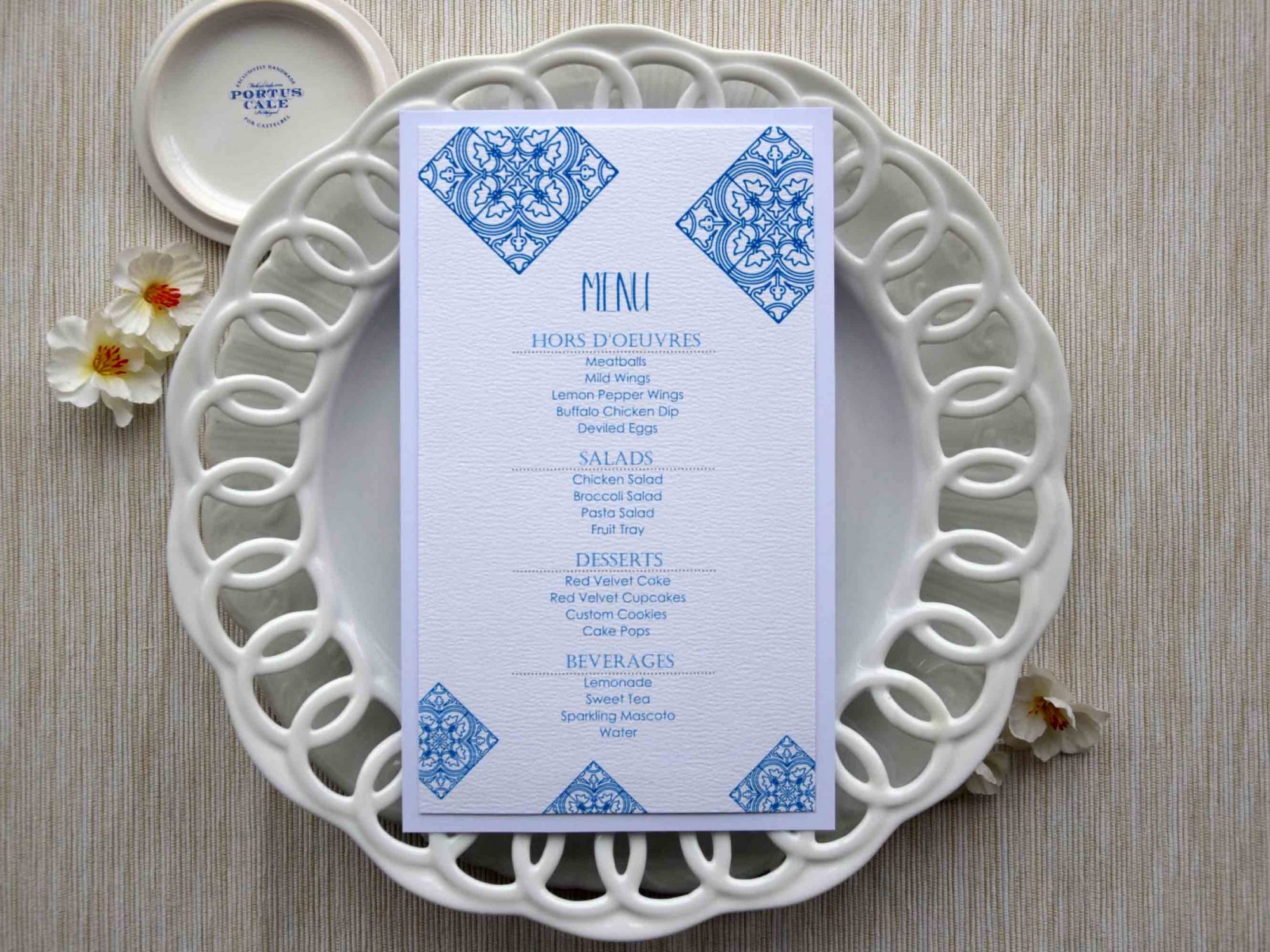 Blue Tile Wedding Dinner Menus