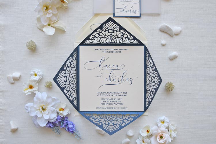 Navy Blue Laser Cut Wedding Invitations
