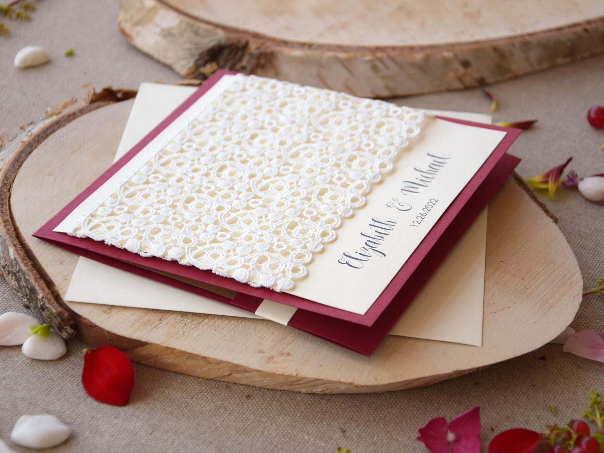 Burgundy Lace Pocketfold Wedding Invitations