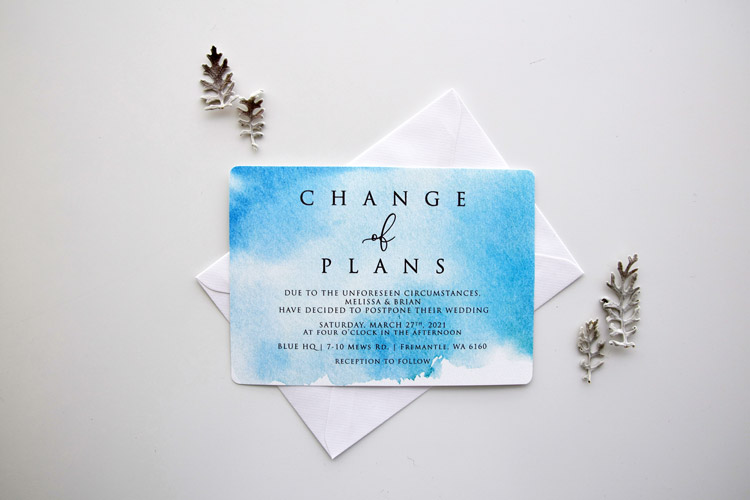 Blue Postponement Wedding Card