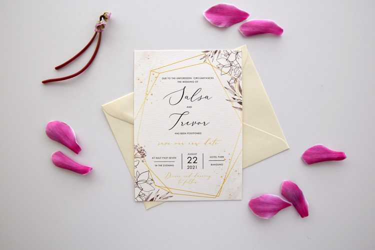 Geometric Gold Postpoce CardsGeometric Postponement Wedding Card