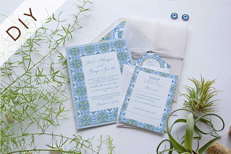 DIY Spanish Blue and Yellow Tile Wedding Invitation