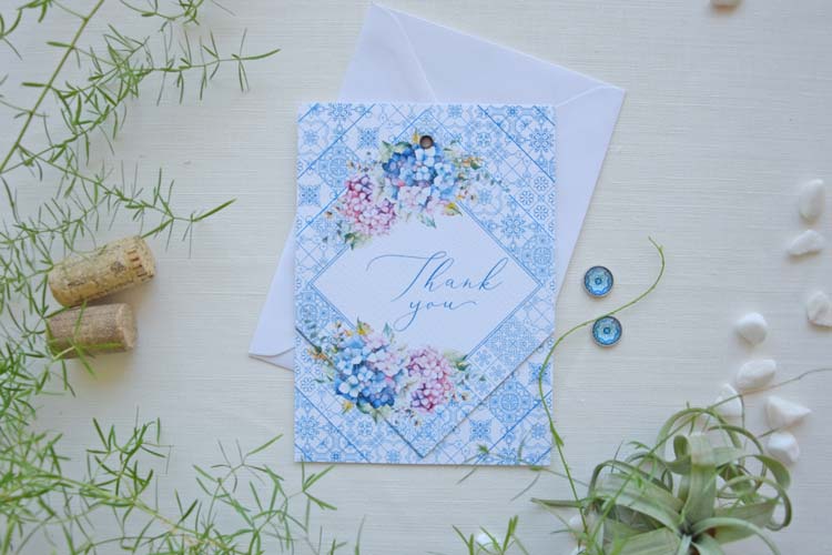 Custom Photo Blue Tile and Hydrangea Thank-You Card