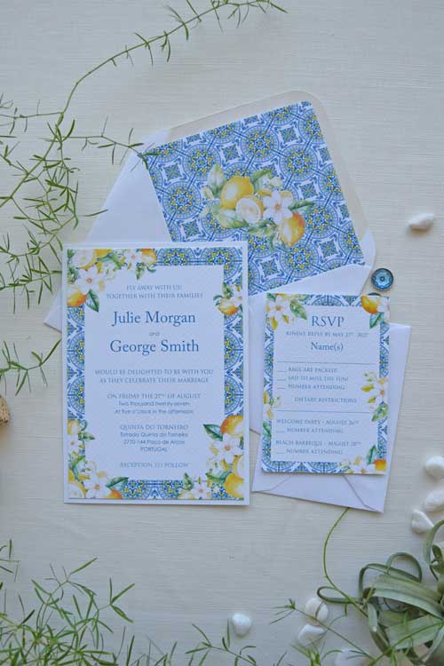Portuguese Blue Tile and Lemon Wedding Invitations