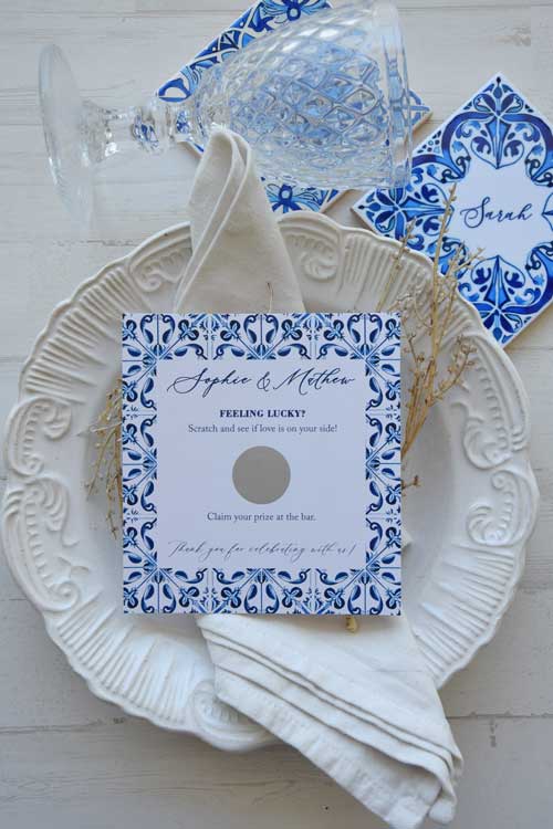 Semi-Custom Blue Tile Wedding Scratch Cards