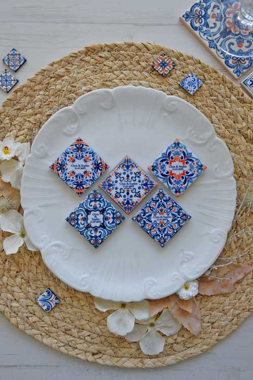 Tiny Portuguese Blue and Orange Tiles - favors with magnet - Set of 5