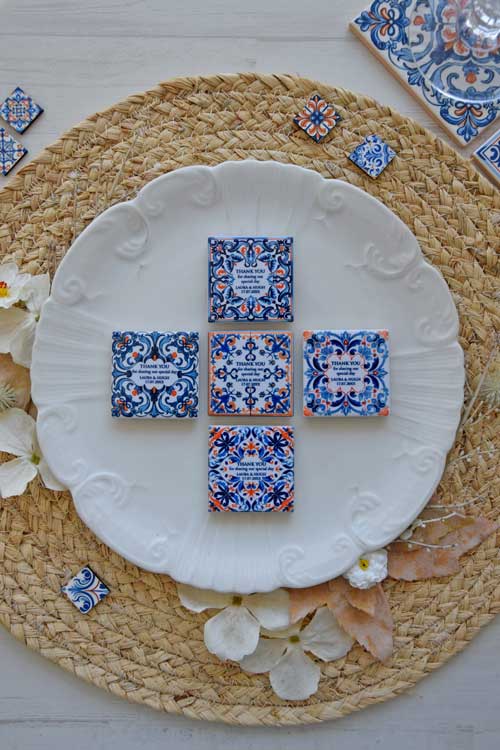 Portuguese Blue and Orange Tiny Tiles - favors with magnet - Set of 5
