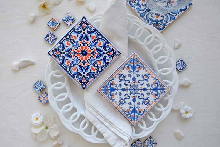 Monsanto Collection - A Set of 2 Blue and Orange Portuguese Tiles - Coasters