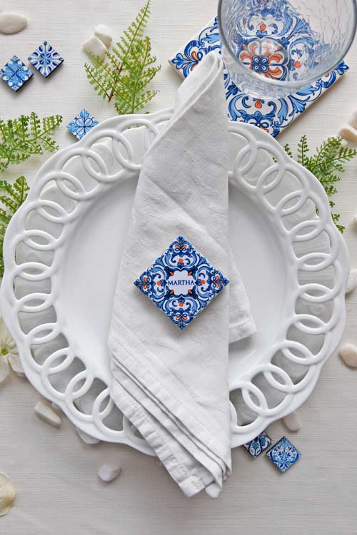 Portuguese Blue and Orange Tile Favors - personalized with the guest's name - Set of 5